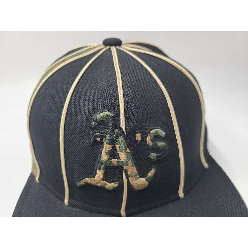 New Era Black Hat with Camo A's Logo and Cream Piping
